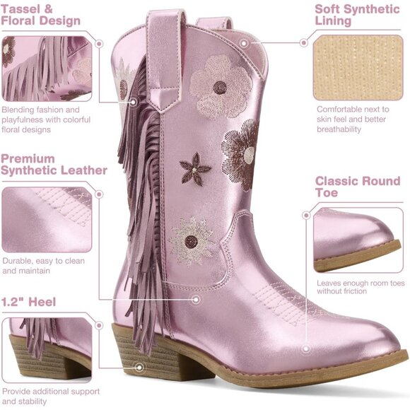 Girls Purple Cowgirl Boots With Tassel Floral Embroidered Kids Western Boots - Picture 2 of 5